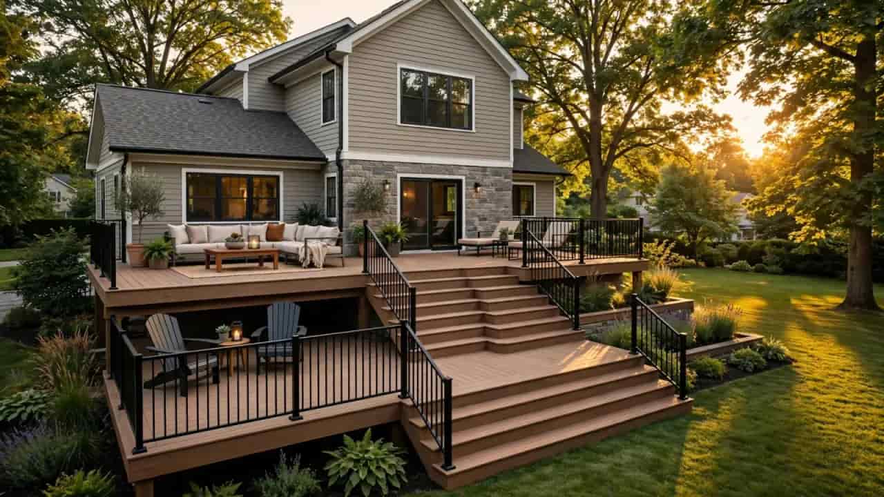 Multi-level brown composite deck with black railings and wide stairs at sunset