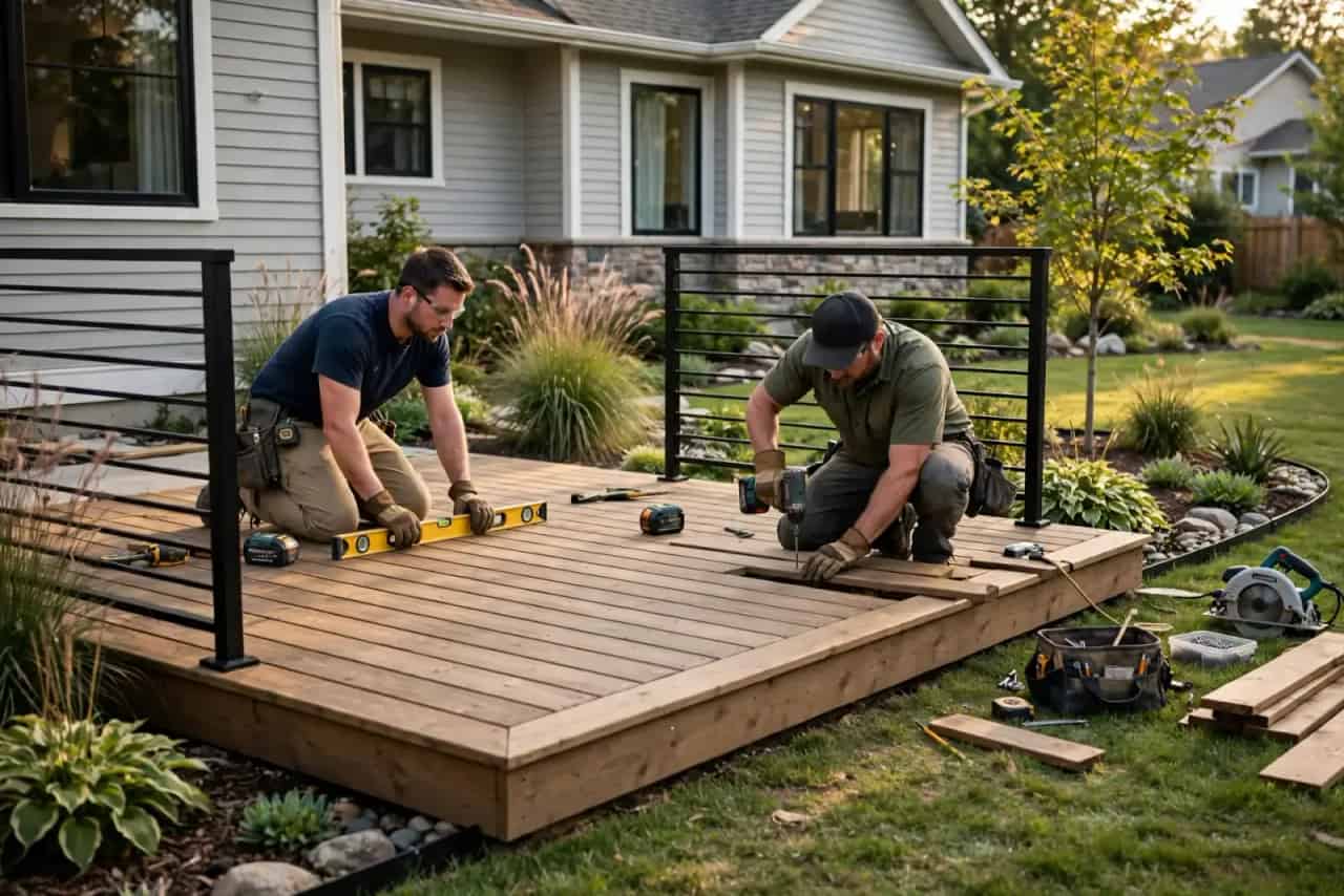 Installers finishing a low deck with black metal railing panels