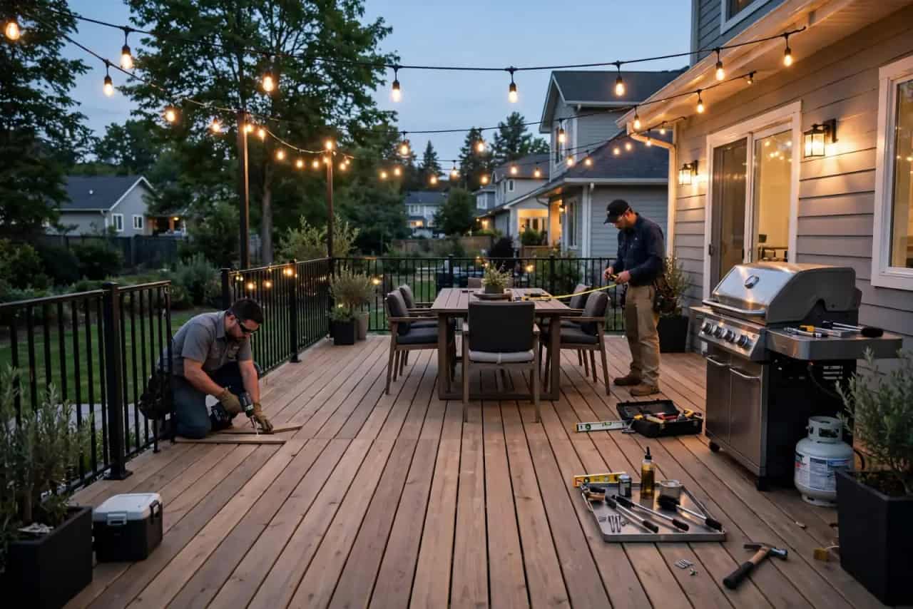 Wood deck set up for outdoor dining with a grill and string lights at dusk