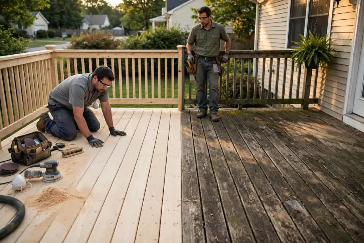 Deck half resurfaced, showing sanded boards beside weathered gray boards
