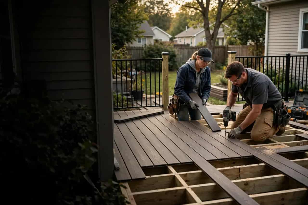 Two carpenters fastening deck boards onto a new deck frame with a cordless drill