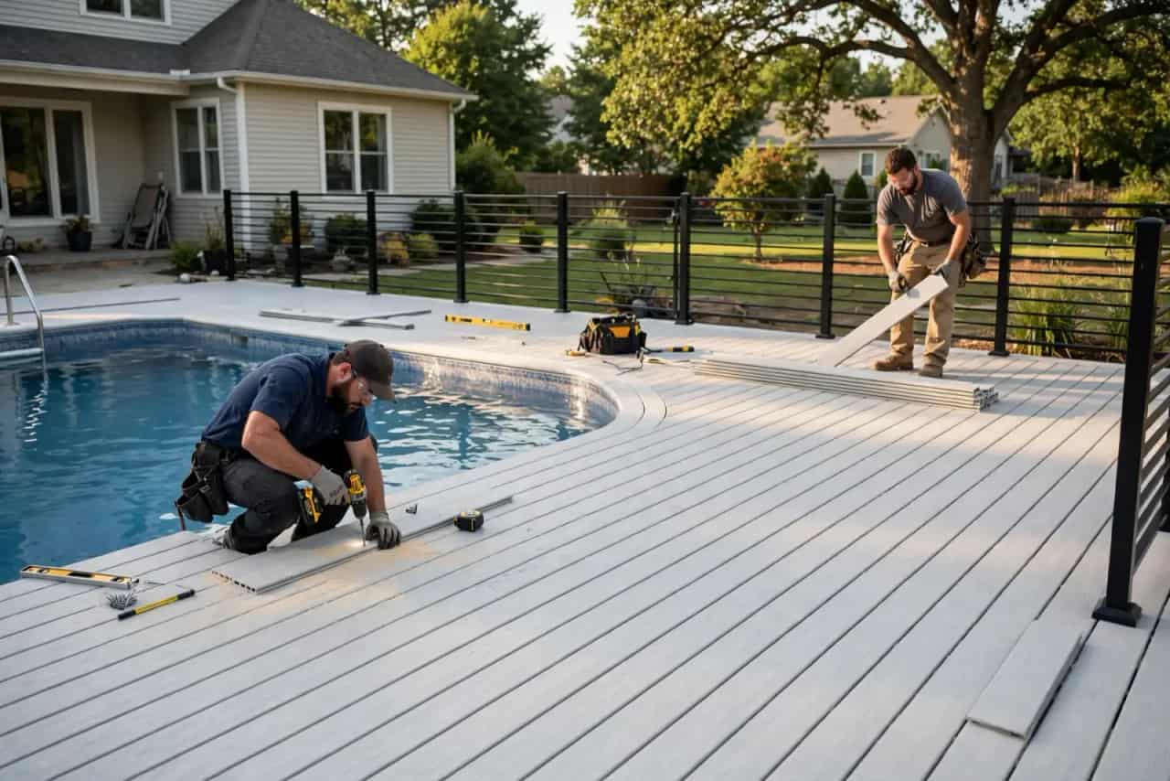 Light gray PVC decking surrounding a backyard swimming pool