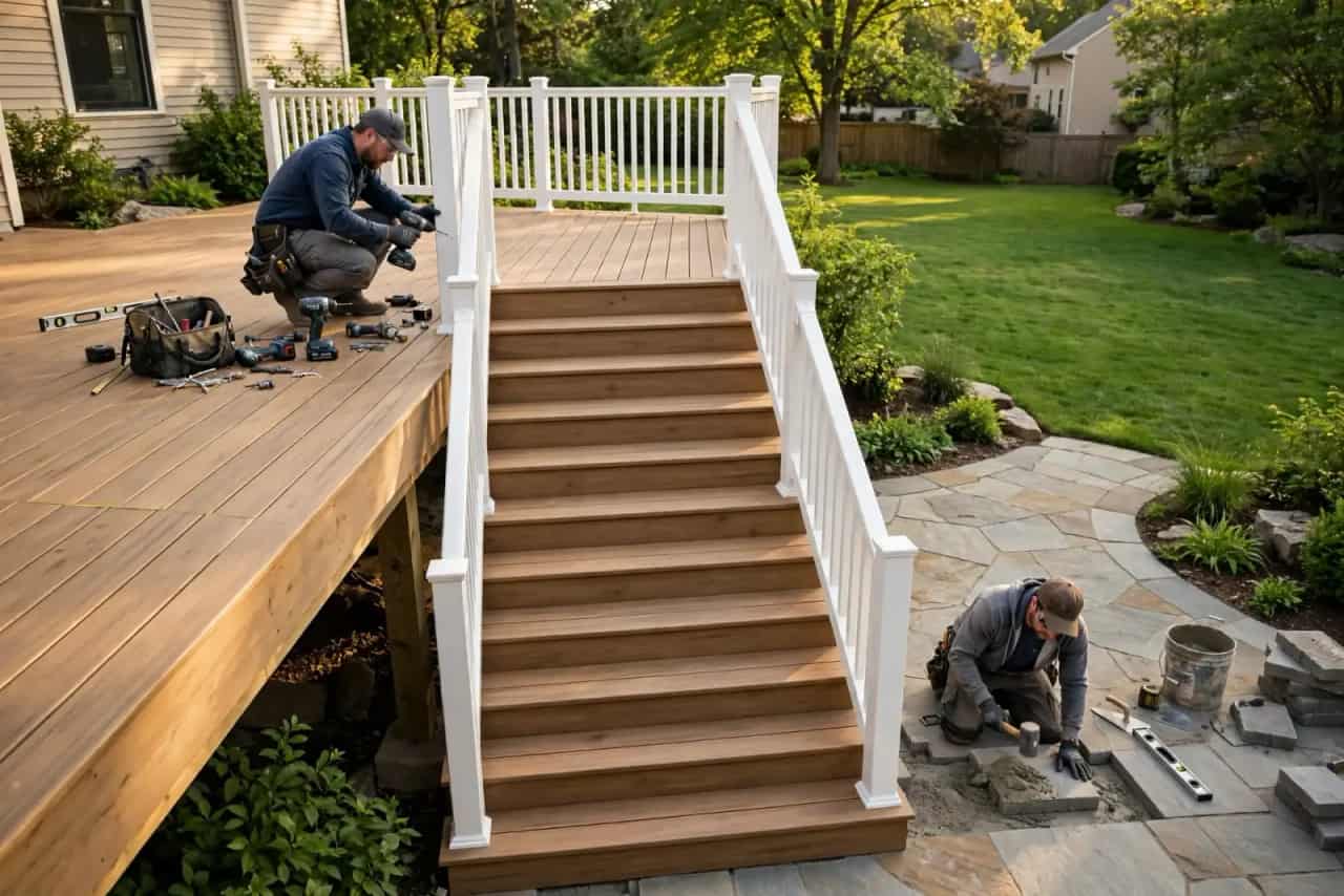 Wide deck stairs with white handrails leading down to a stone patio