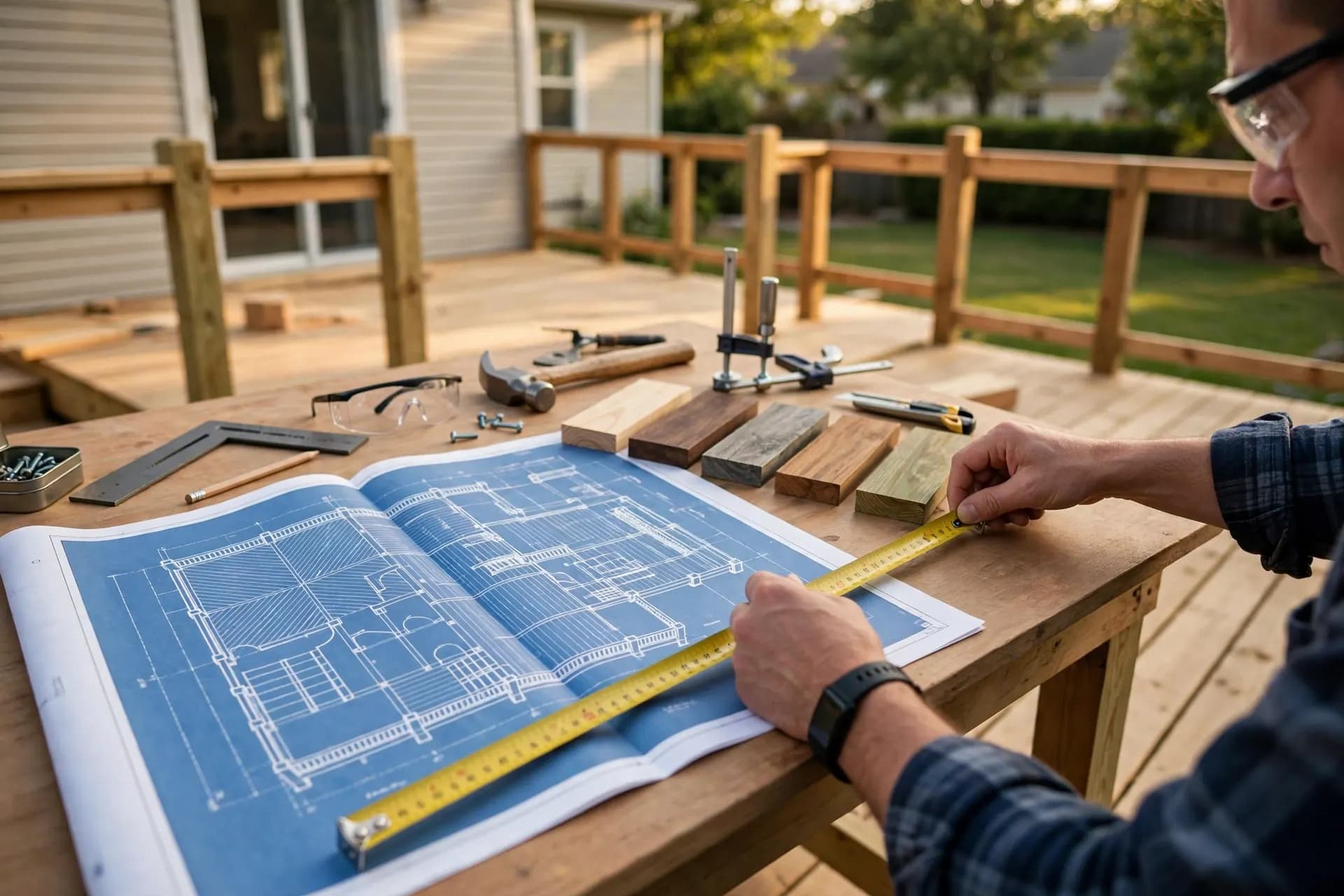Deck plans, a tape measure and board samples laid out on a work table