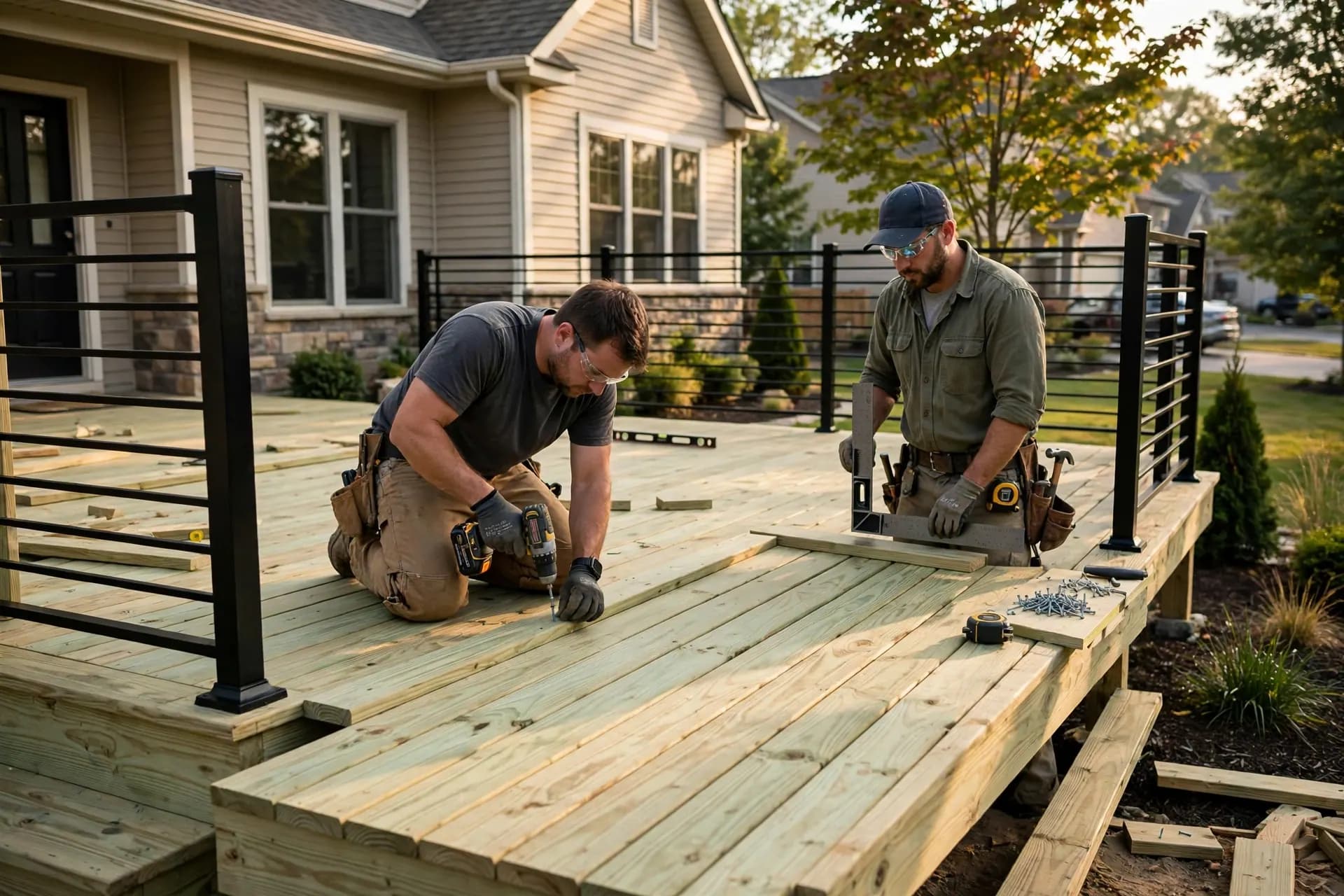 New pressure-treated pine deck boards with a slight green tint