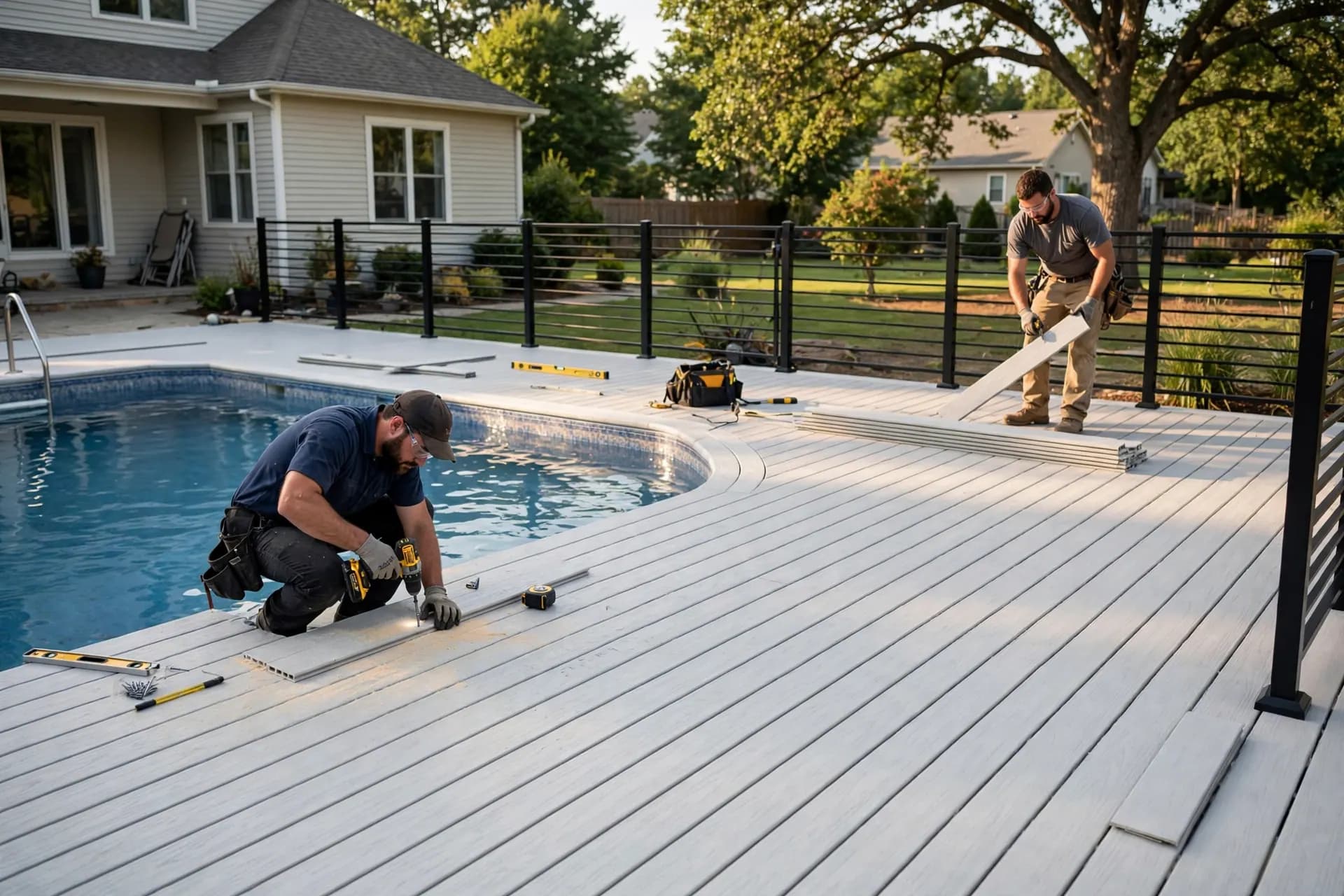 Light gray PVC decking surrounding a backyard swimming pool