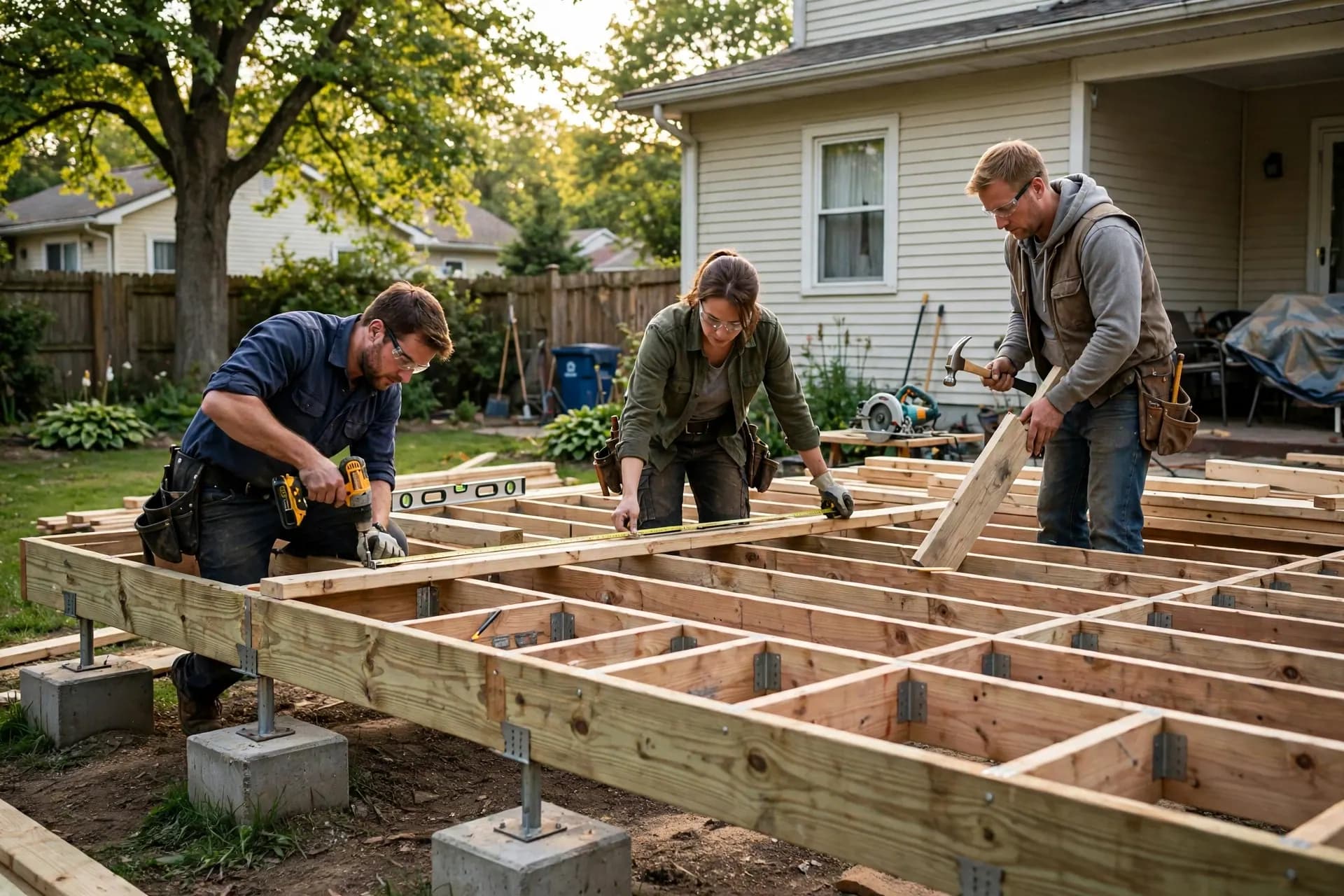 Carpenters framing a new deck with joists and beams set on concrete footings