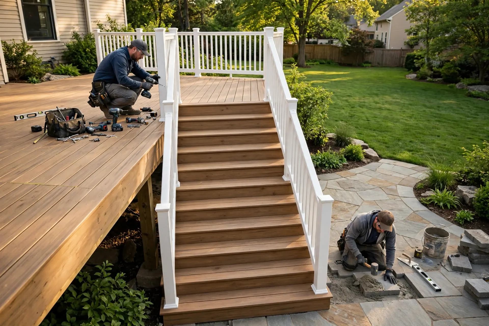 Wide deck stairs with white handrails leading down to a stone patio